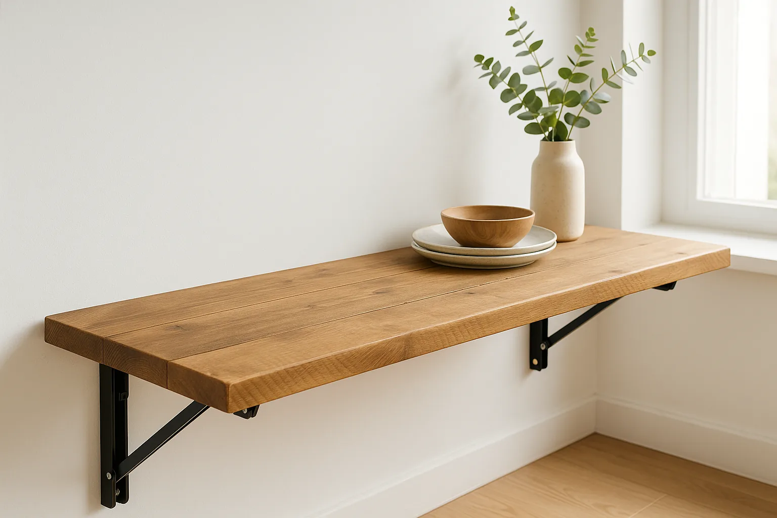 Foldable Wall-Mounted Solid Wood Table – Rustic Wood with Heavy-Duty Black Brackets – Space-Saving Desk for Kitchen, Office, or Small Spaces