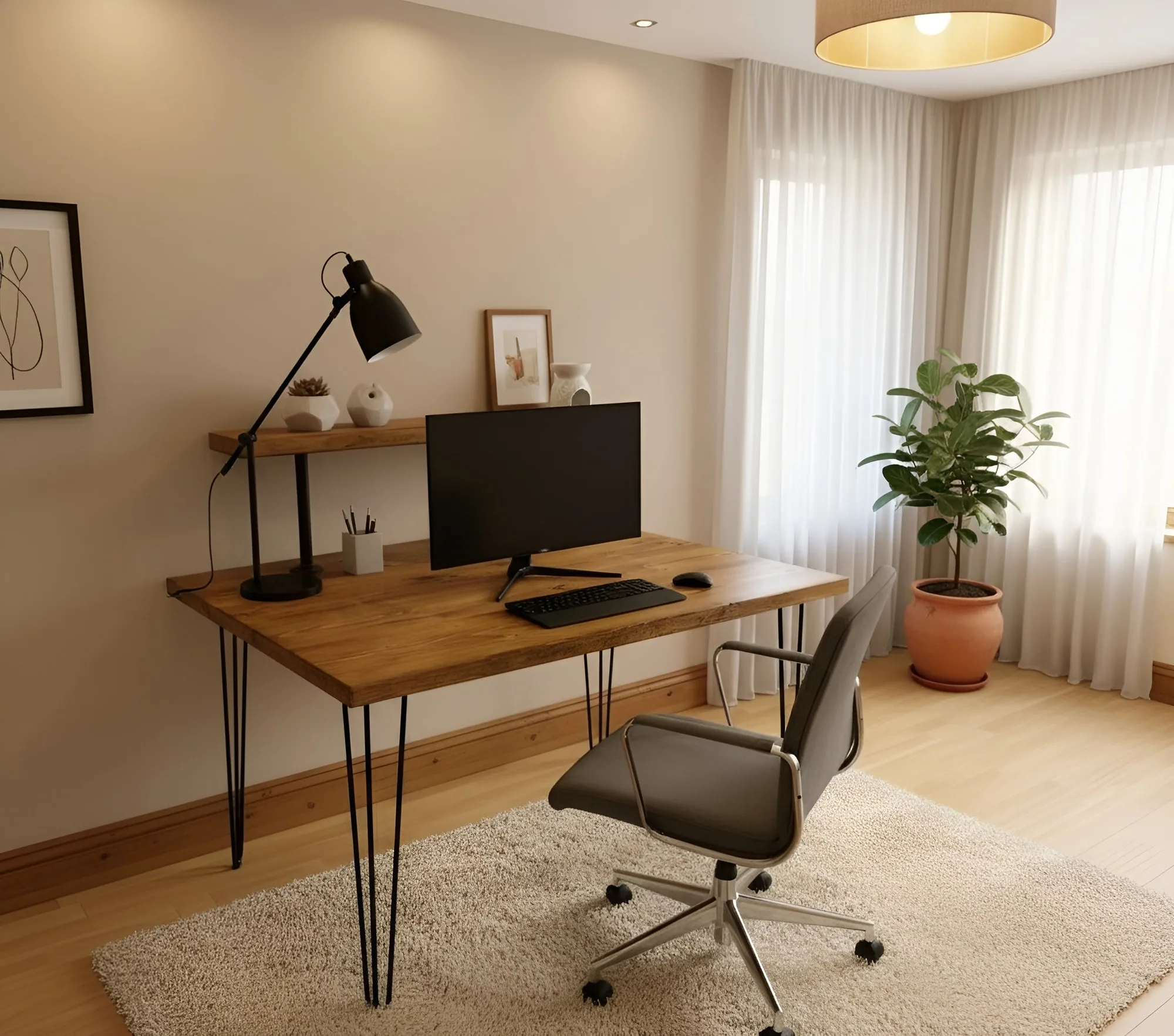 Handcrafted Wooden Study Desk with Shelf & Hairpin Legs
