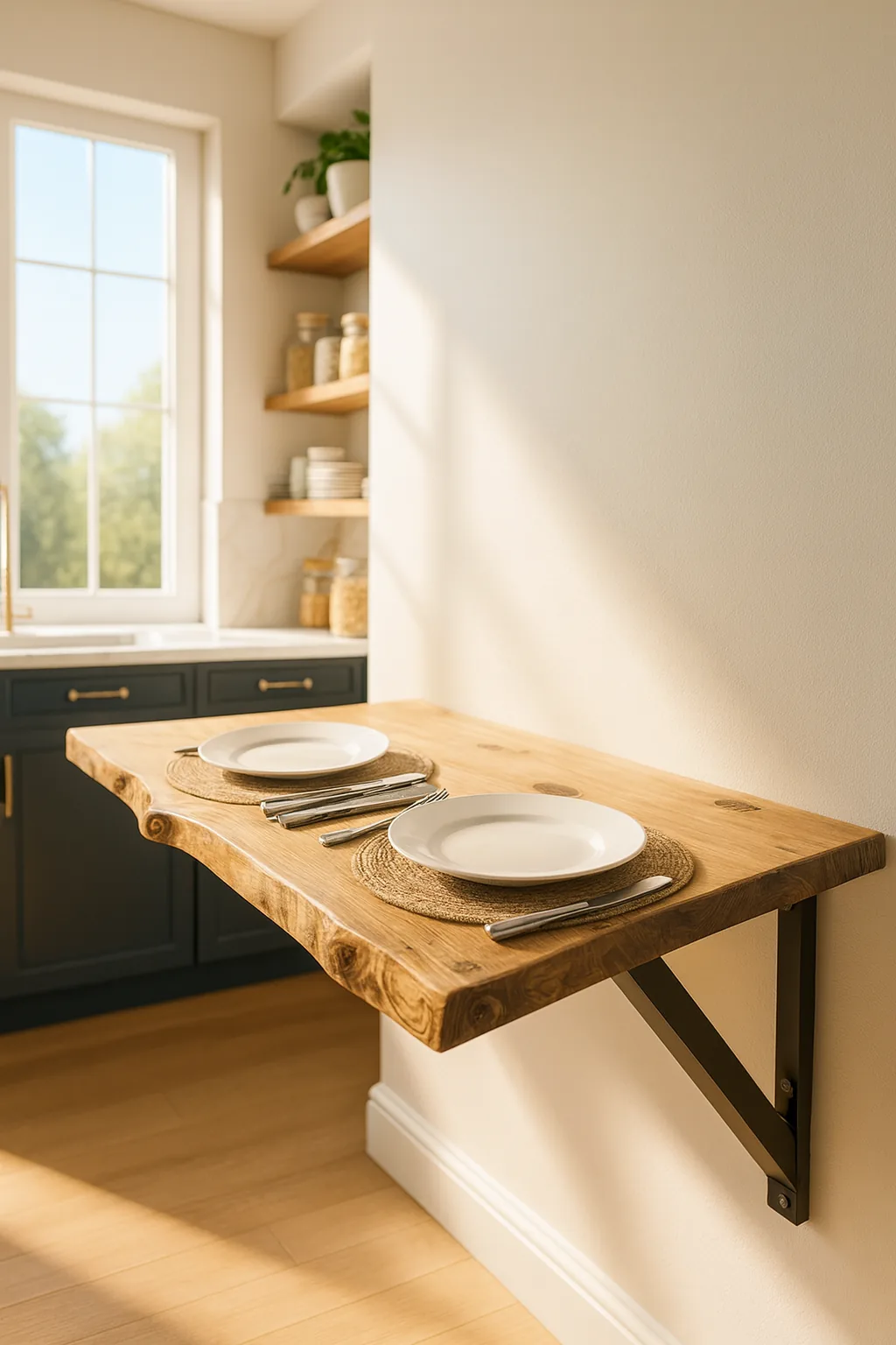 Live / Waney Edge Foldable Wall-Mounted Solid Wood Table – Rustic Wood with Heavy-Duty Black Brackets – Space-Saving Desk for Kitchen, Office, or Small Spaces