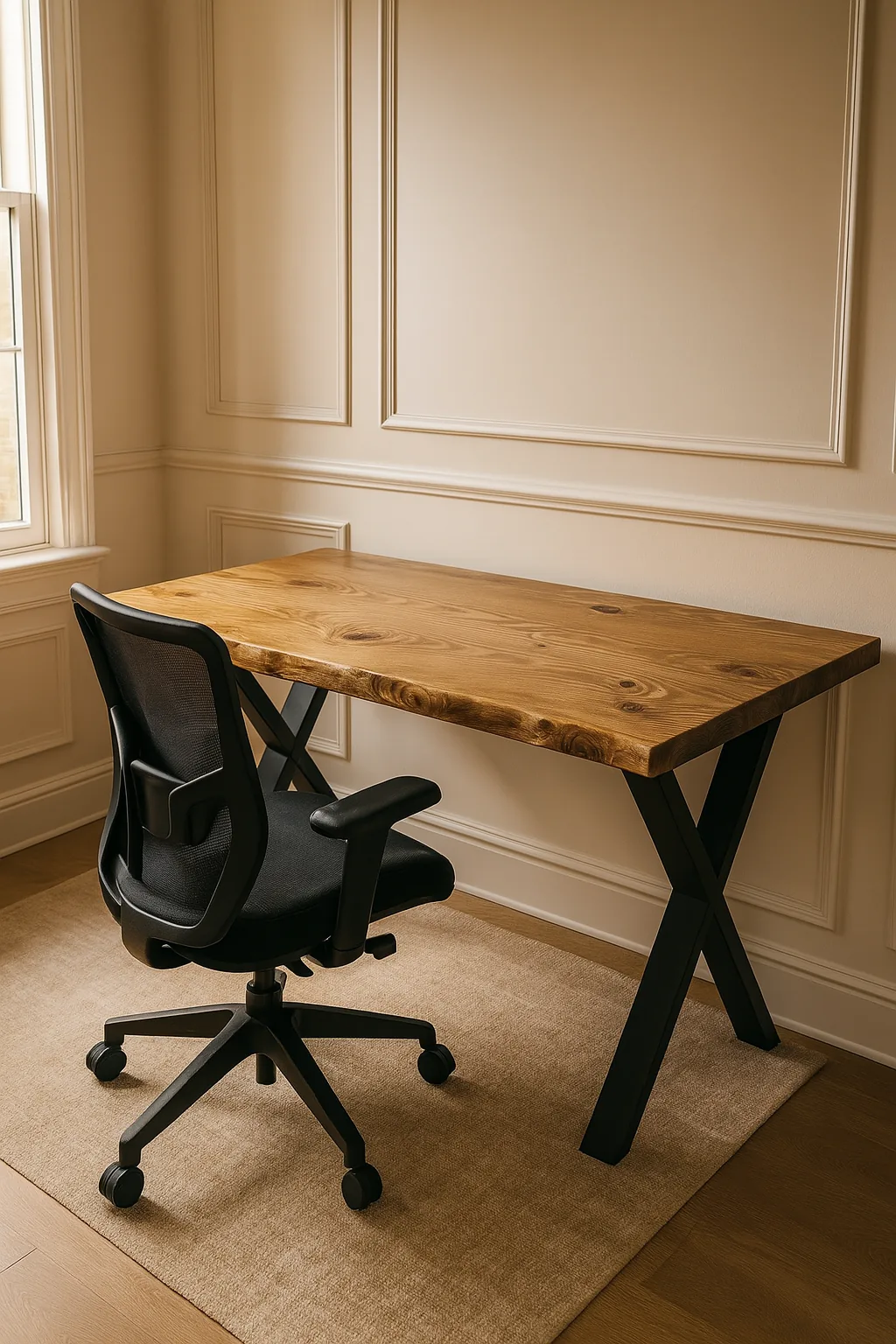 Live / Waney Edge Study Desk / Table With X Cross Metal Legs