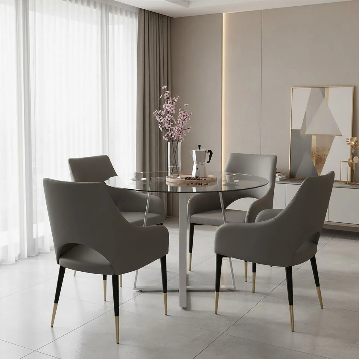 Gilden Grey Leather Dining Chair With Gold Tip Legs
