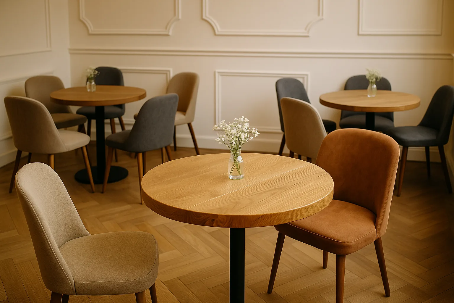 Round Solid Wood Dining Tables With Pole Leg For Cafes and Restaurants (Bulk Order)