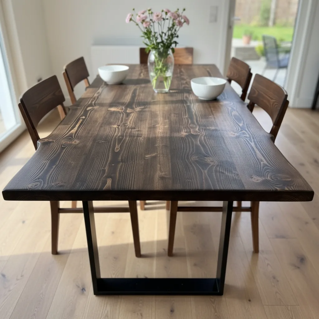 Live / Waney Walnut Colour Edge Dining Table With Metal Legs