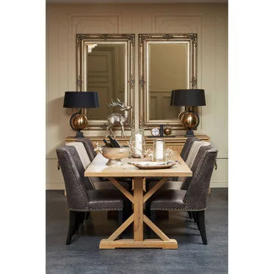 Aged Grey Oak Dining Table With Prominent Silvery Grain & Crossed Base, Lyon