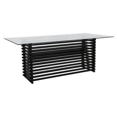 Matte Black Stainless Steel & Clear Glass Rectangular Dining Table With Storage, Vogue