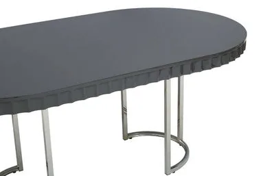 Grey High Gloss Oval Dining Table With Fluted Edge & Polished Stainless Steel Sledge Base, Genoa