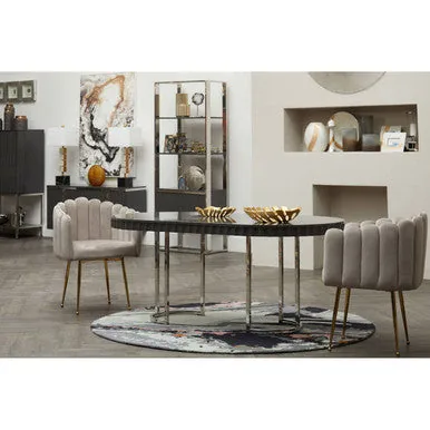 Grey High Gloss Oval Dining Table With Fluted Edge & Polished Stainless Steel Sledge Base, Genoa