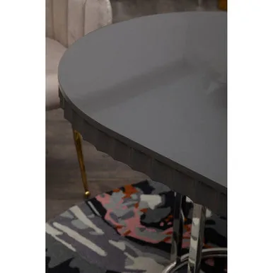 Grey High Gloss Oval Dining Table With Fluted Edge & Polished Stainless Steel Sledge Base, Genoa