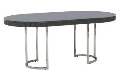 Grey High Gloss Oval Dining Table With Fluted Edge & Polished Stainless Steel Sledge Base, Genoa