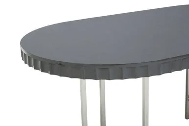 Grey High Gloss Oval Dining Table With Fluted Edge & Polished Stainless Steel Sledge Base, Genoa