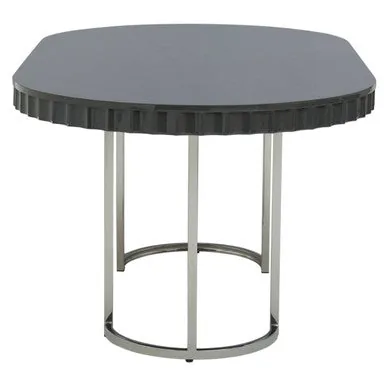 Grey High Gloss Oval Dining Table With Fluted Edge & Polished Stainless Steel Sledge Base, Genoa