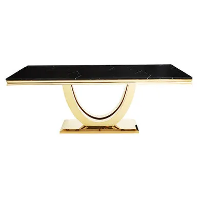 Black Marble Rectangular Top Dining Table With Brushed Gold Geometric Frame, Moda