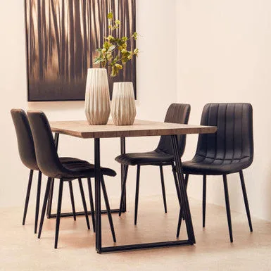 Light Brown Veneer Wooden Top Dining Table With Black U Shaped Metal Base, Adele