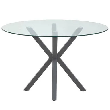 Clear Glass Top Round Dining Table With Grey Metal Legs, Salford