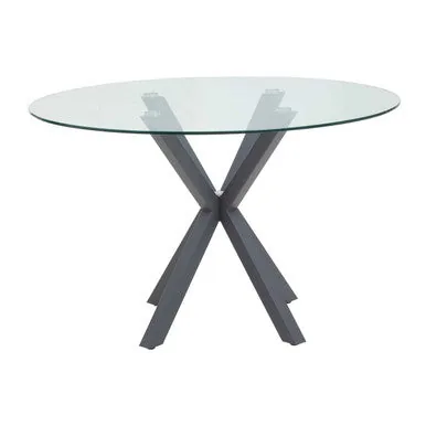 Clear Glass Top Round Dining Table With Grey Metal Legs, Salford