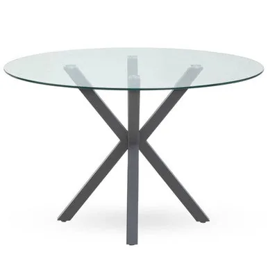 Clear Glass Top Round Dining Table With Grey Metal Legs, Salford