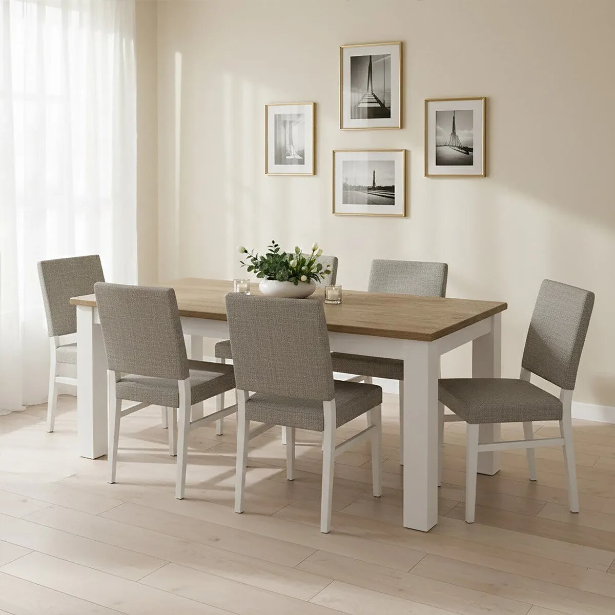 White Dining Table With Golden Oak Tabletop, Hampstead