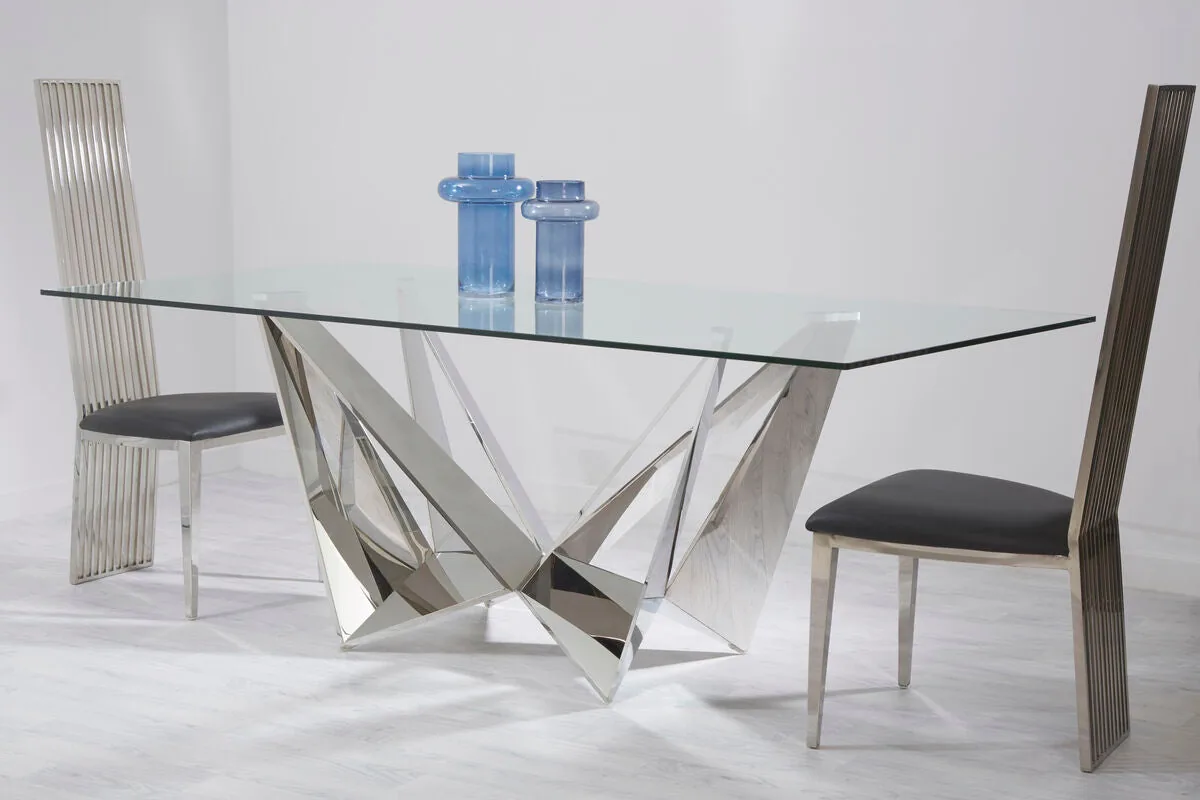 Silver Tempered Glass Top Dining Table With Silver Chrome Legs, Carlox