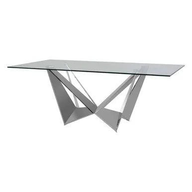 Silver Tempered Glass Top Dining Table With Silver Chrome Legs, Carlox