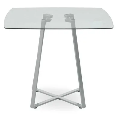 Clear Glass Top & Matte Grey Steel Square Dining Table, Metropolitan