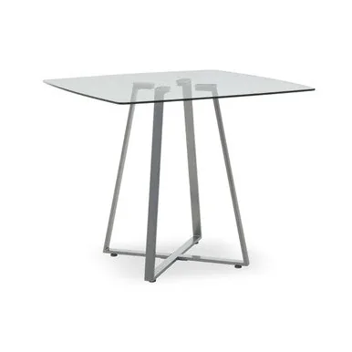 Clear Glass Top & Matte Grey Steel Square Dining Table, Metropolitan