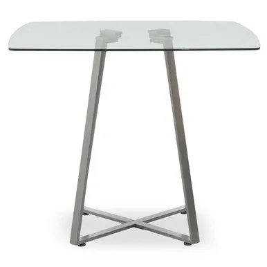 Clear Glass Top & Matte Grey Steel Square Dining Table, Metropolitan