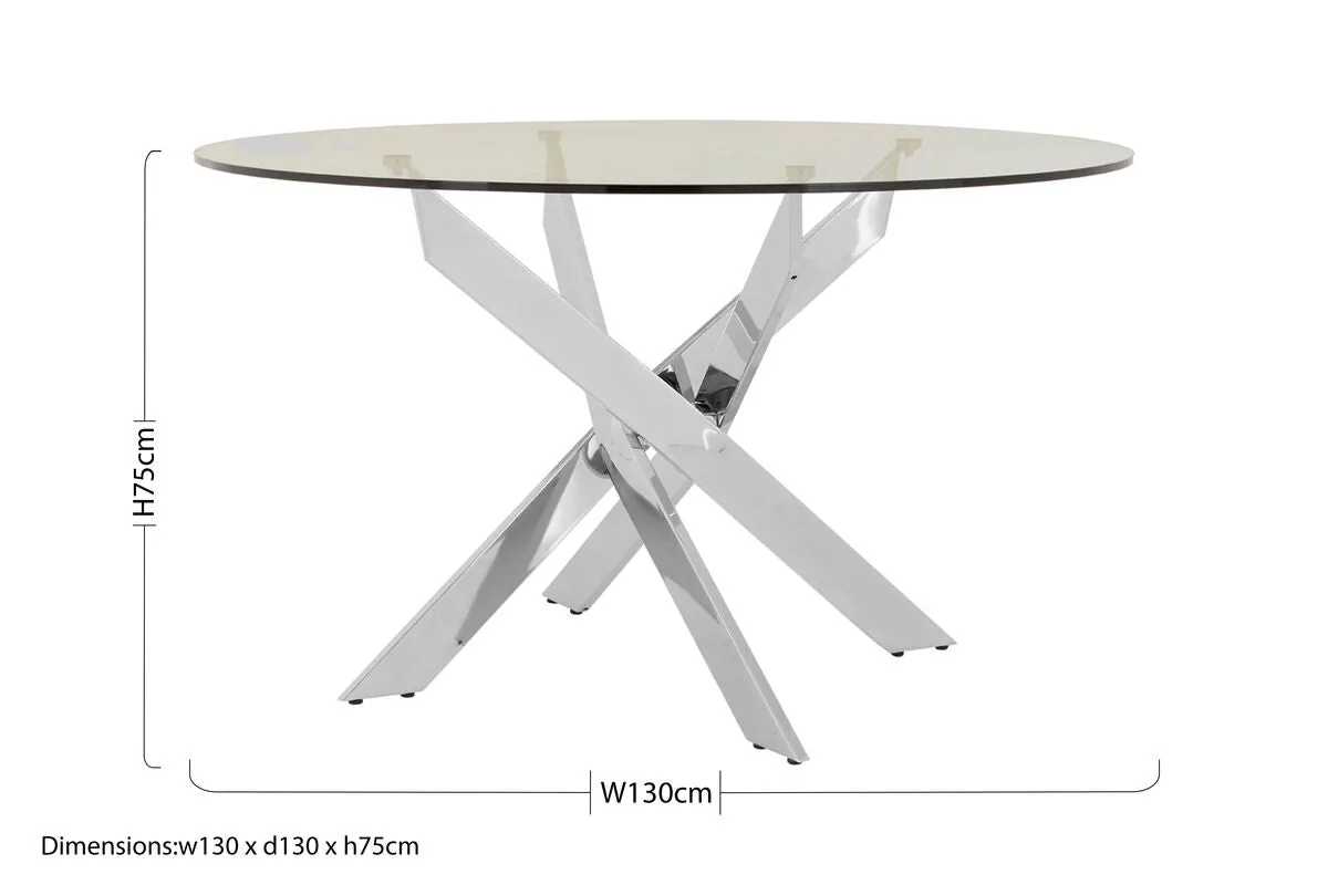 Round Clear Tempered Glass Dining Table With Intersecting Chrome Stainless Steel Legs, Allure
