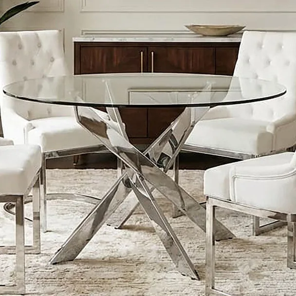 Round Clear Tempered Glass Dining Table With Intersecting Chrome Stainless Steel Legs, Allure