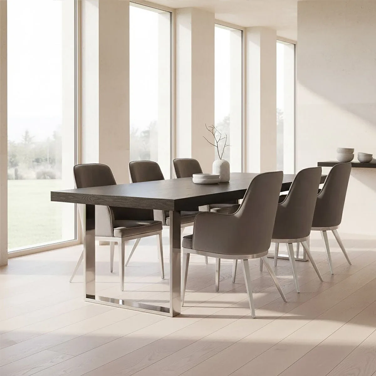 Black Elm Wood Rectangular Dining Table With Stainless Steel U Shaped Legs, Ulmus