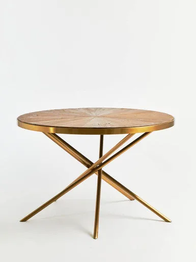 Gold Aged Fir Wood Rustic Top Dining Table With Stainless Steel Tied Base, Jana