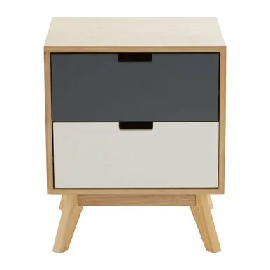 Grey & White Two-Drawer Bedside Table With Natural Wood Frame, Watson