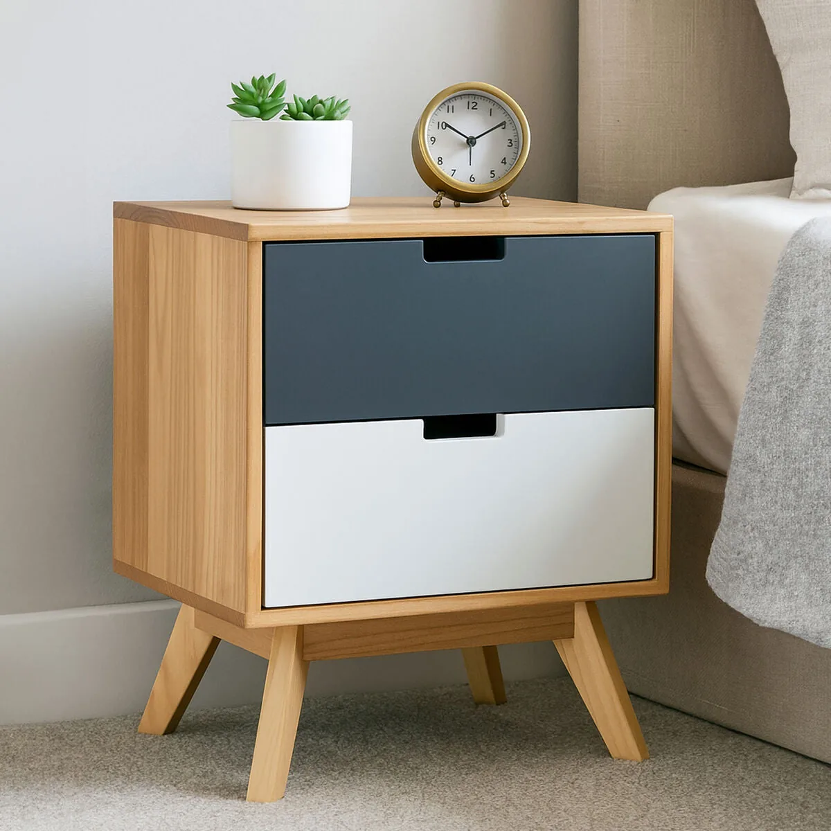 Grey & White Two-Drawer Bedside Table With Natural Wood Frame, Watson