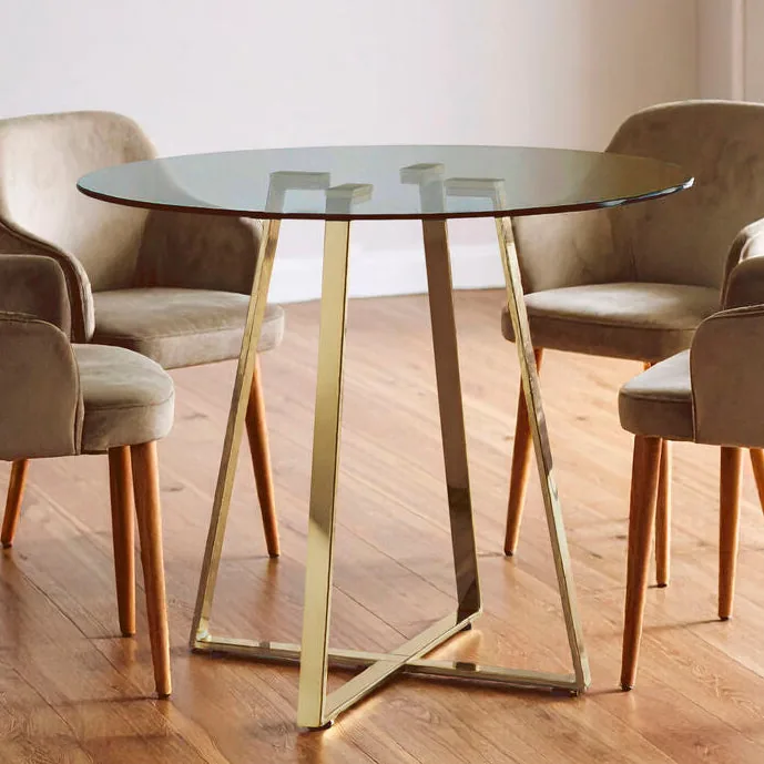 Clear Glass Top & Gold Round Steel Dining Table, Metropolitan