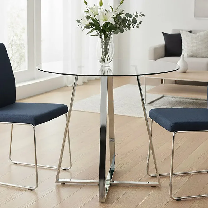 Silver Round Glass Top & Steel Frame Dining Table, Metropolitan