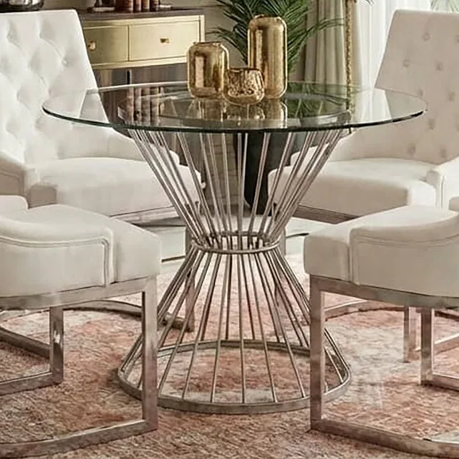 Hourglass Dining Table With Clear Glass Top & Silver Base, Anzio