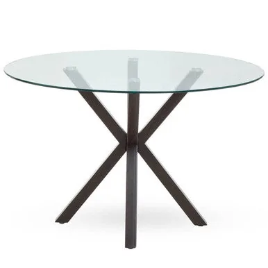 Clear Glass Top Round Dining Table With Black Wood Metal Legs, Salford