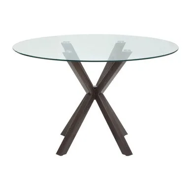 Clear Glass Top Round Dining Table With Black Wood Metal Legs, Salford