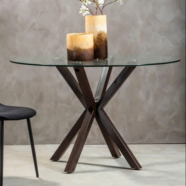 Clear Glass Top Round Dining Table With Black Wood Metal Legs, Salford
