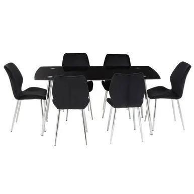 Black Tempered Glass Top & Silver Frame Dining Table With 6 Chairs Set, Wimslow