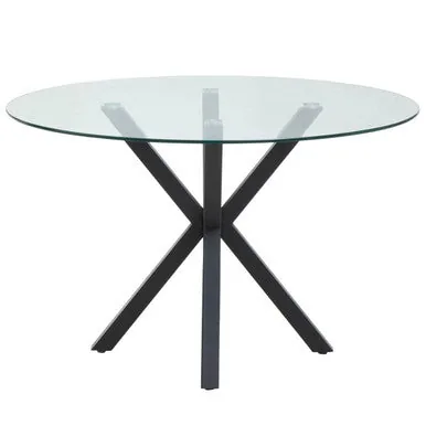 Clear Glass Top Round Dining Table With Black Metal Legs, Salford