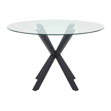 Clear Glass Top Round Dining Table With Black Metal Legs, Salford