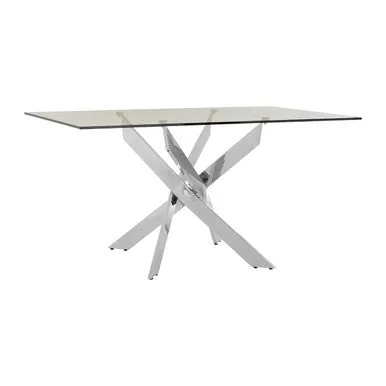 Rectangular Tempered Glass Top Dining Table With Intersecting Silver Chrome Base, Allure