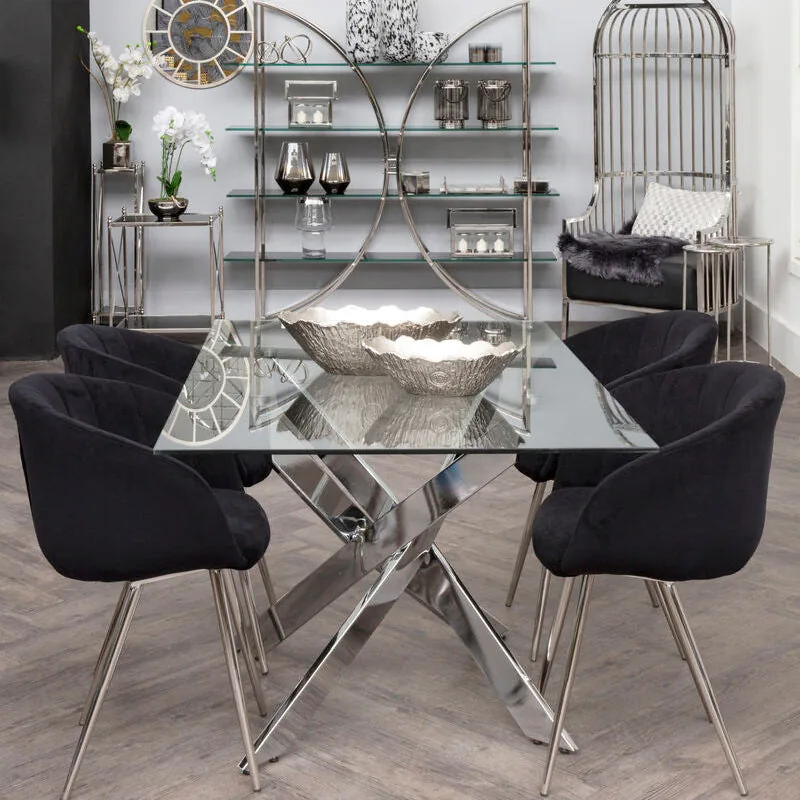 Rectangular Tempered Glass Top Dining Table With Intersecting Silver Chrome Base, Allure