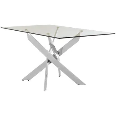 Rectangular Tempered Glass Top Dining Table With Intersecting Silver Chrome Base, Allure