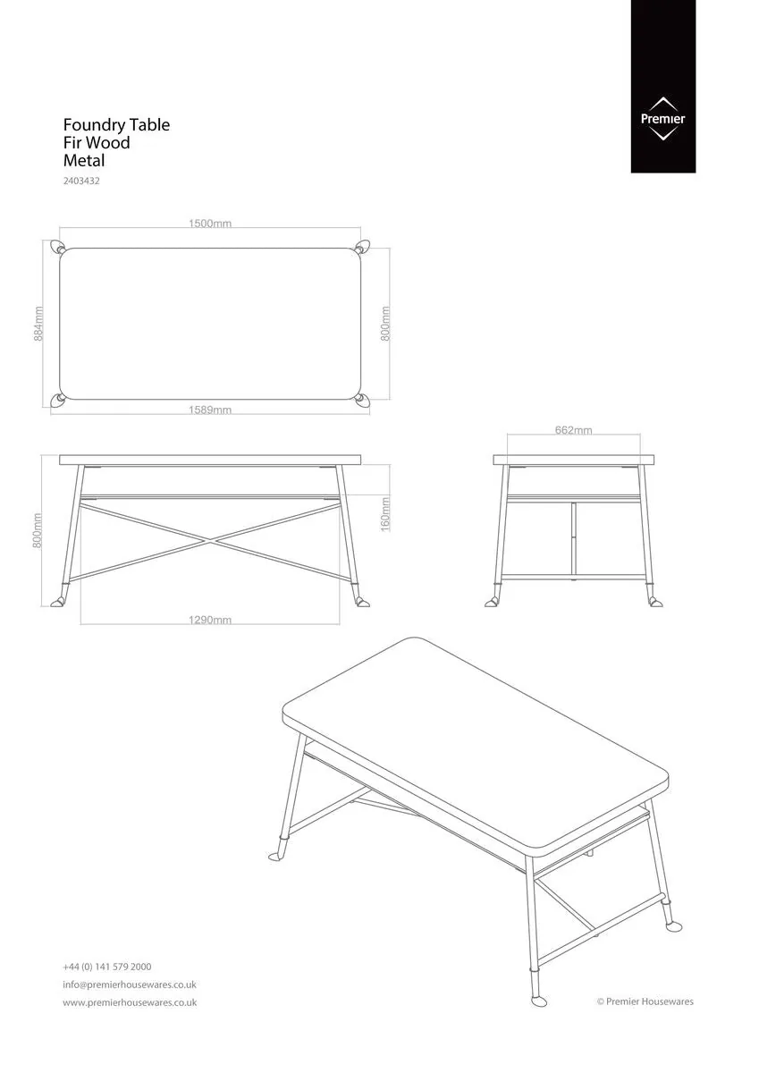 Natural Fir Wood Top Industrial Dining Table With Lower Shelf & Black Metallic Legs, Foundry