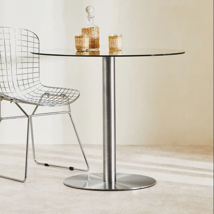 Clear Glass Round Dining Table With Silver Metal Base, Metropolitan