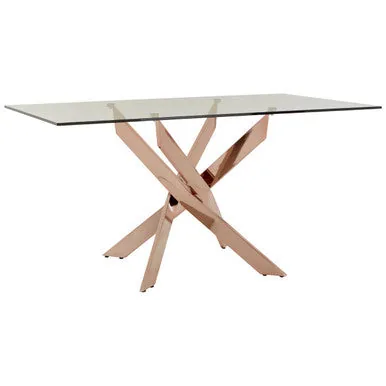 Rectangular Tempered Glass Top Dining Table With Intersecting Rose Gold Stainless Steel Base, Allure