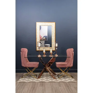 Rectangular Tempered Glass Top Dining Table With Intersecting Rose Gold Stainless Steel Base, Allure