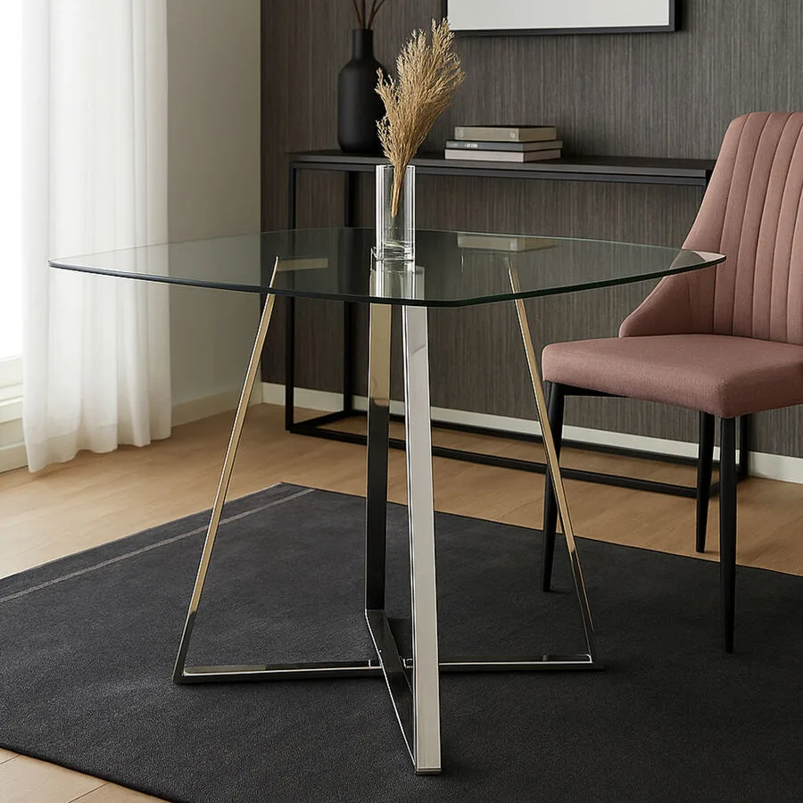 Clear Glass Square Dining Table With Silver Metal Base, Metropolitan