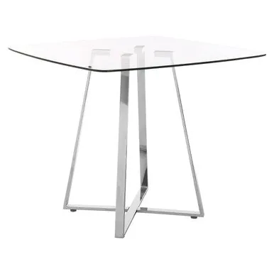 Clear Glass Square Dining Table With Silver Metal Base, Metropolitan